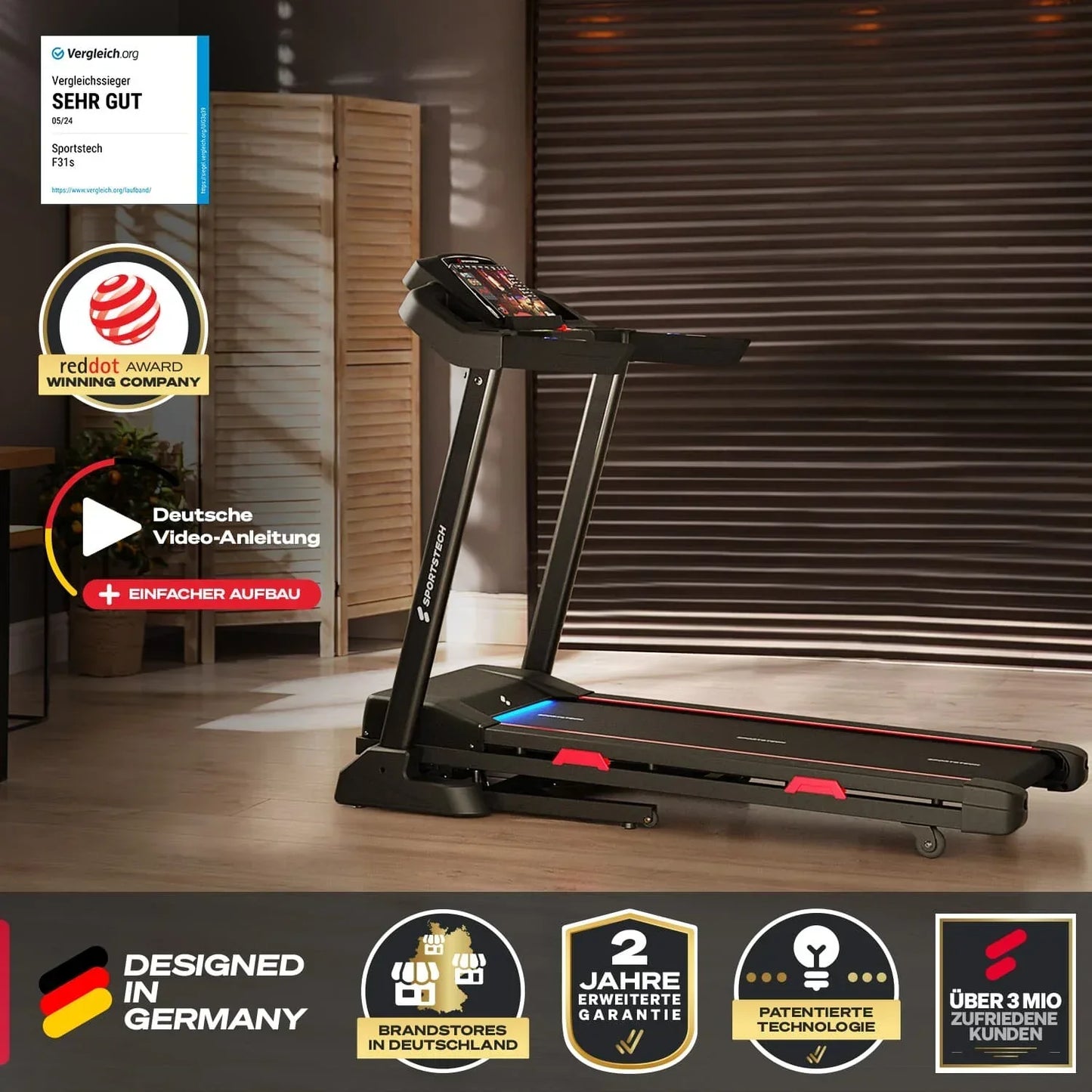 Sportstech F31S Laufband – 2,25 PS Motor, Steigungsfunktion, App-Kompatibilität, klappbar