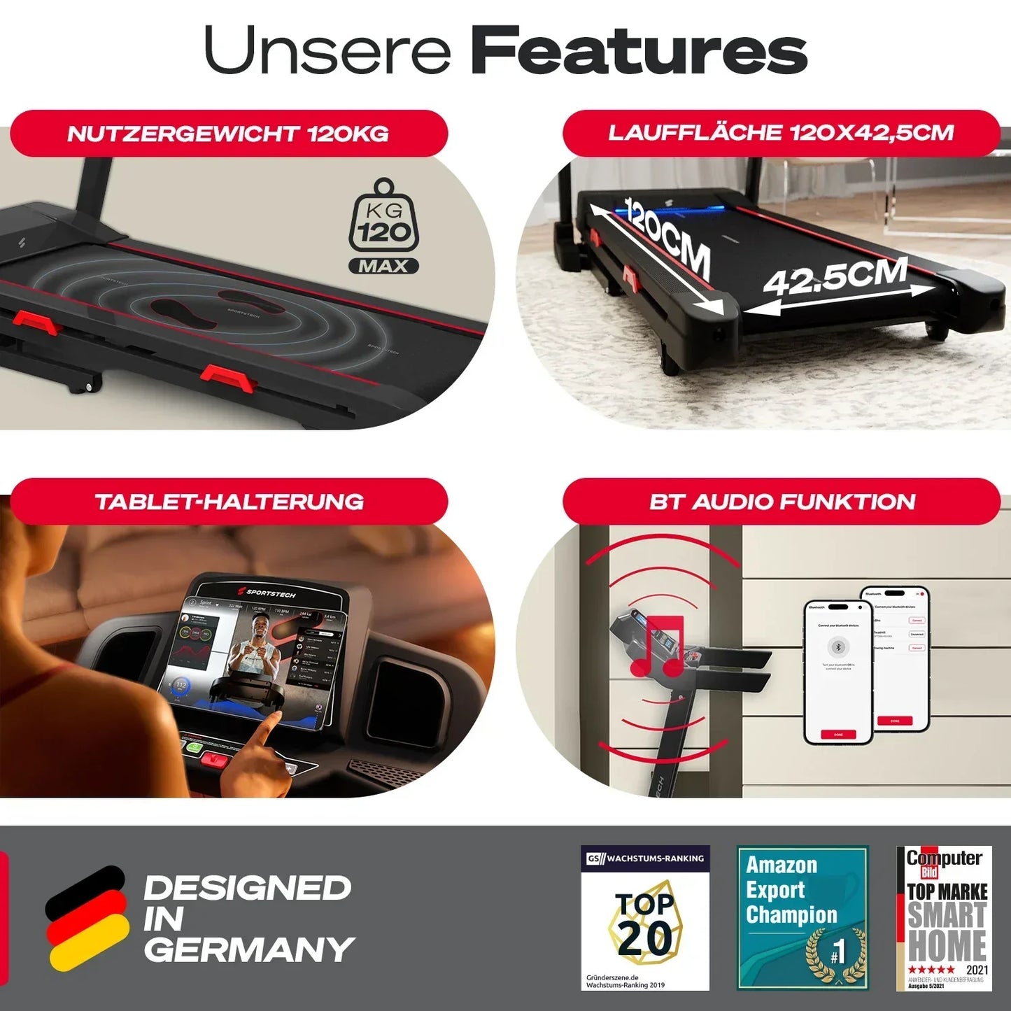 Sportstech F31S Laufband – 2,25 PS Motor, Steigungsfunktion, App-Kompatibilität, klappbar