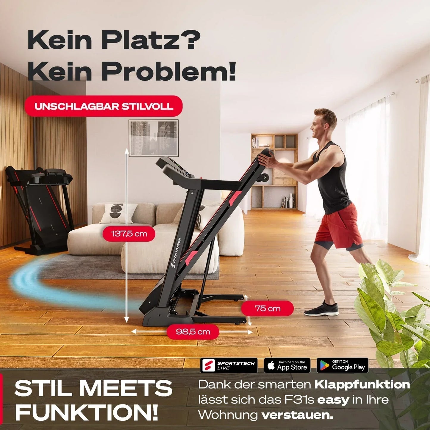 Sportstech F31S Laufband – 2,25 PS Motor, Steigungsfunktion, App-Kompatibilität, klappbar